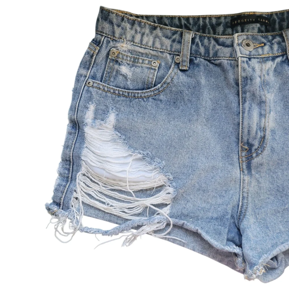Brooklyn Karma High Rise Shorty Distressed Denim Shorts L Festival Cutoff